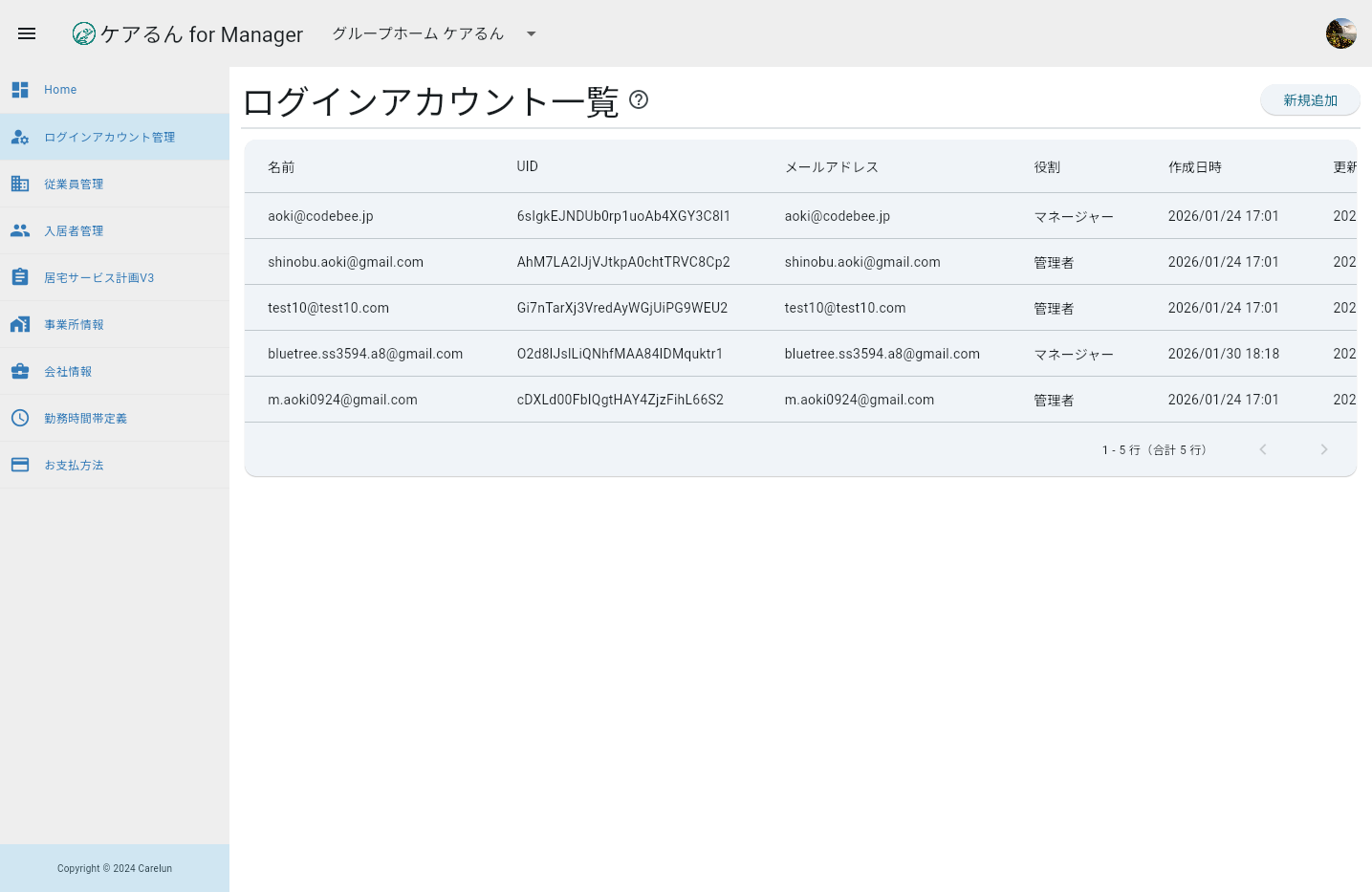 ログインアカウント管理一覧